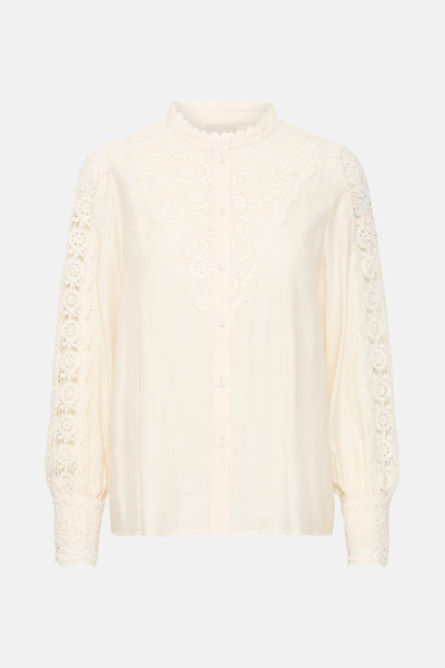 Wit blouse met lange mouwen van Fransa, met kanten mouwen en knoopdetails.