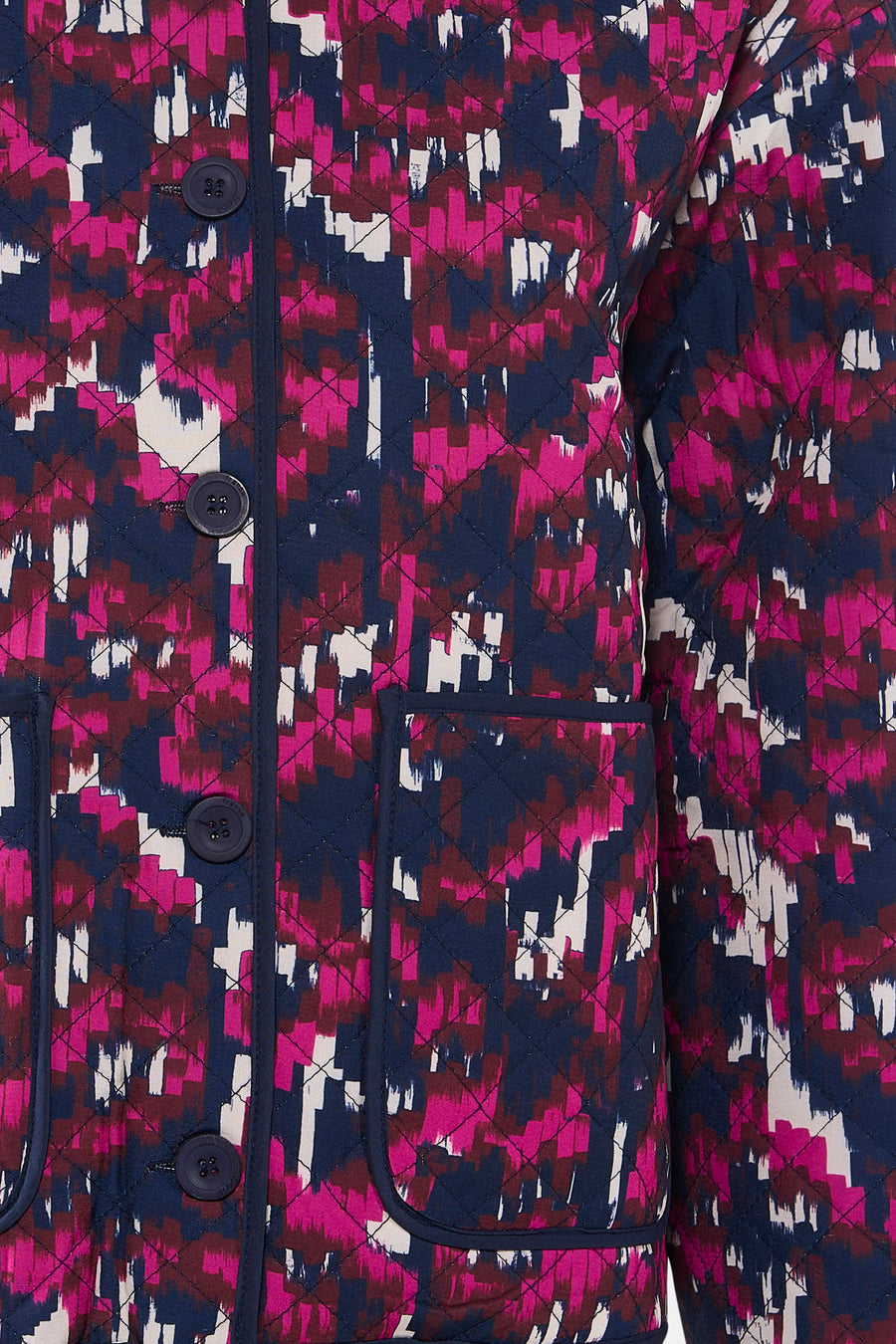 Veste courte multicolore de Fransa, à motif géométrique abstrait et matelassée, avec boutons et poche plaquée.