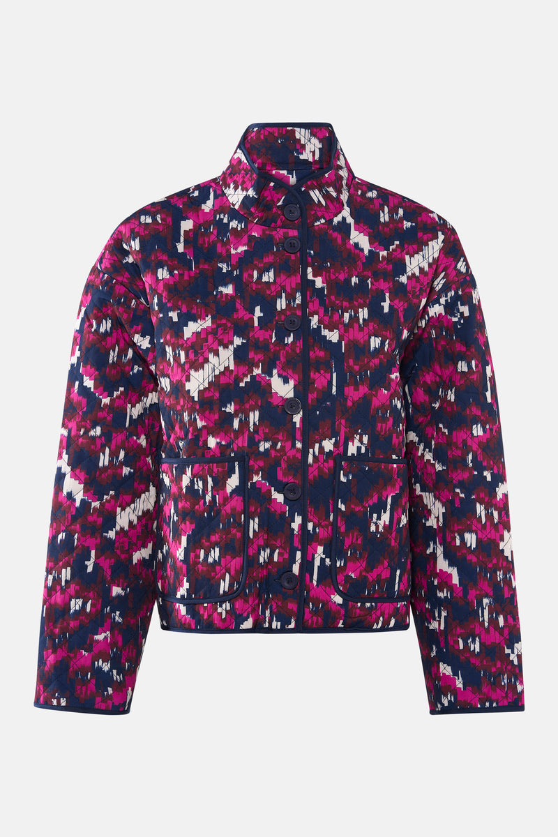 Veste courte multicolore de Fransa, avec motif abstrait rose, marine et blanc, et fermeture boutonnée.