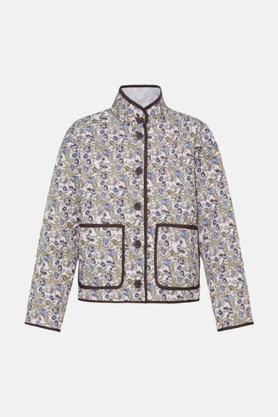 Multicolored floral pattern casual jacket with brown trim and front buttons, front view