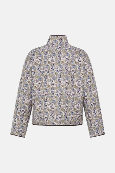 Multicolored floral-patterned women's casual jacket with high collar and brown trim, back view