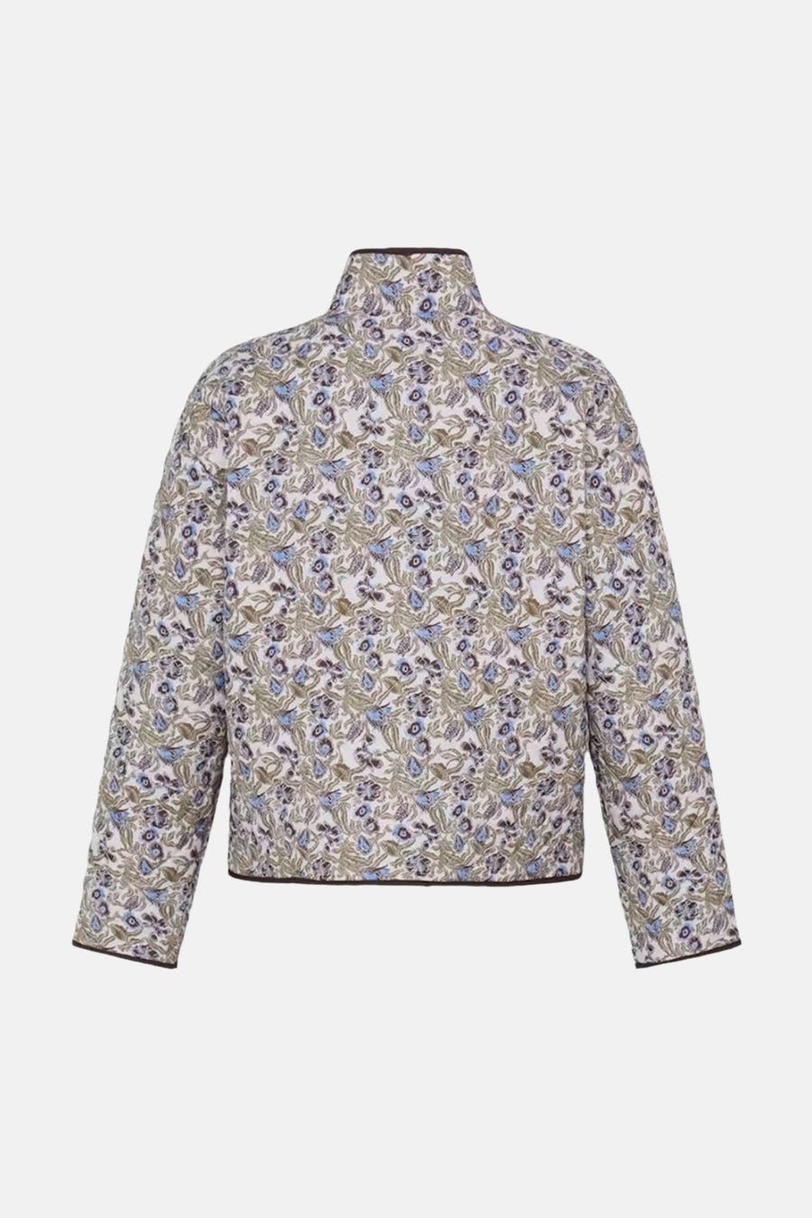 Multicolored floral-patterned women's casual jacket with high collar and brown trim, back view