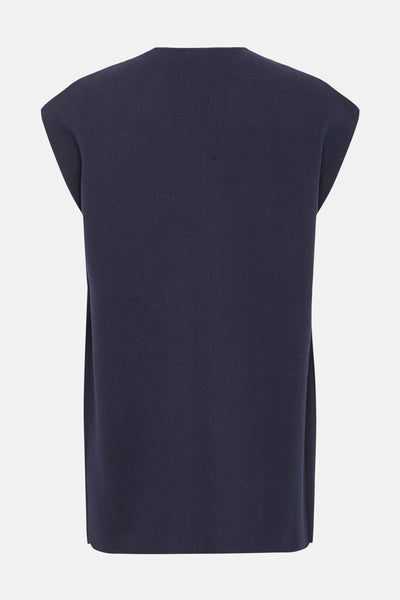 Cardigan bleu de Fransa, en maille texturée, sans manches, présenté de dos.