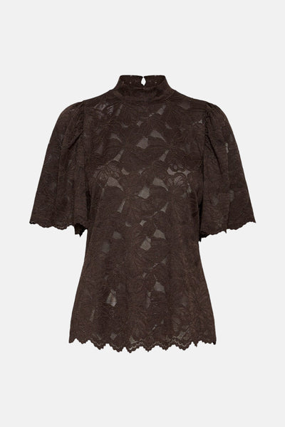 Bruin blouse met korte mouwen van Fransa, van doorschijnend bloemenkant met een opstaande kraag.
