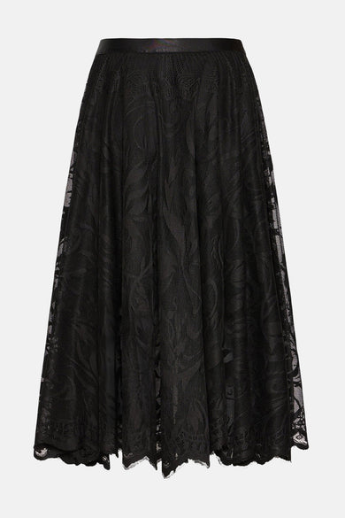 Jupe longue noire de Fransa, en dentelle florale avec une taille haute effet cuir.
