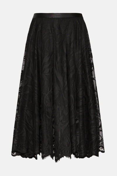 Jupe longue noire de Fransa, en dentelle florale avec une taille haute effet cuir.
