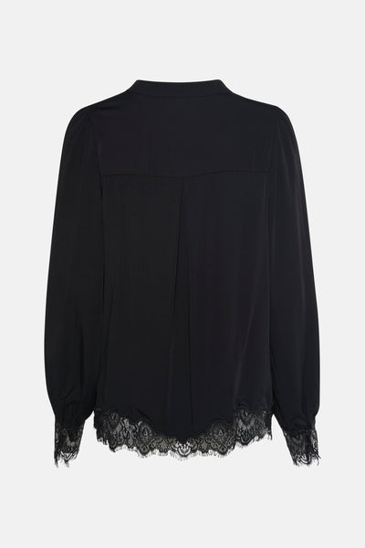 Zwarte blouse met lange mouwen van Fransa, met kanten details aan de onderkant en manchetten.