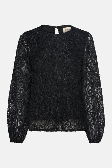 Zwarte blouse met lange mouwen van Fransa, in delicate bloemenkant.