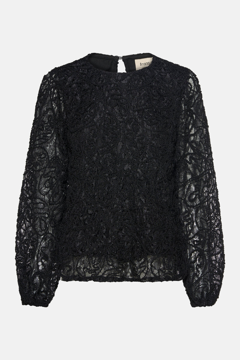 Zwarte blouse met lange mouwen van Fransa, in delicate bloemenkant.