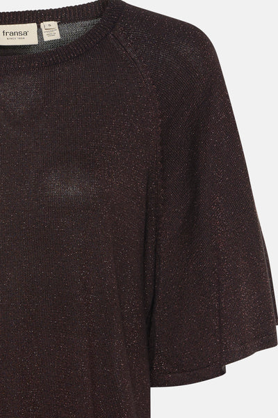 Pull à col rond marron de Fransa, avec fines paillettes brillantes et manches courtes.