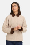 Veste courte beige de Fransa, avec col et revers en velours côtelé marron.