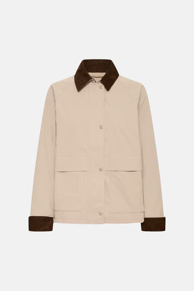 Veste courte beige de Fransa, avec col et poignets en velours côtelé marron et poches plaquées.