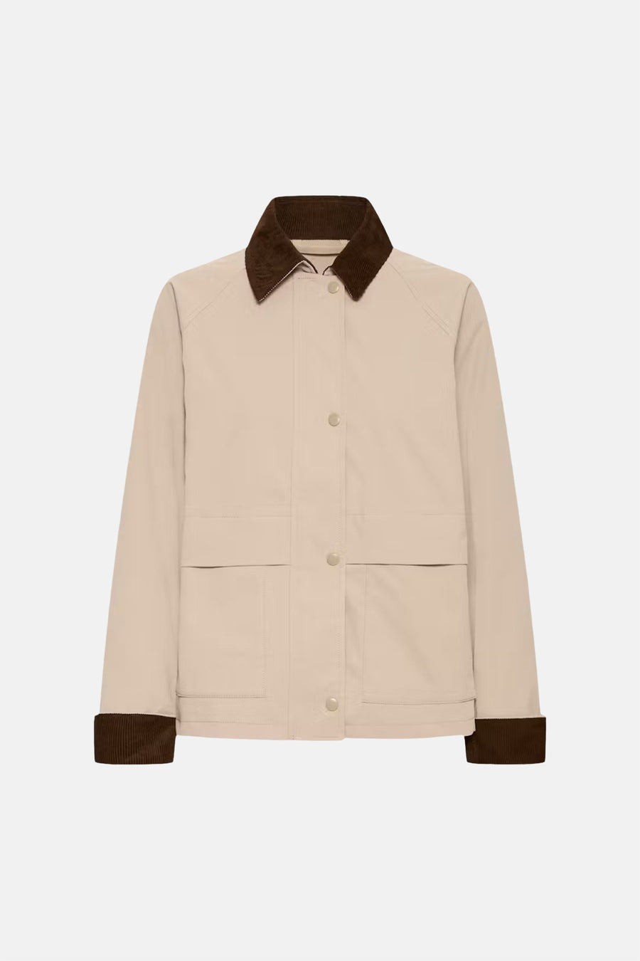 Veste courte beige de Fransa, avec col et poignets en velours côtelé marron et poches plaquées.