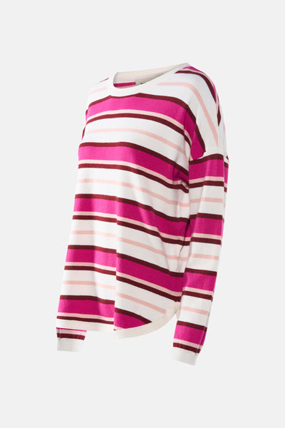 Pull à col rond multicolore de Fransa avec rayures horizontales rose vif, bordeaux et crème.
