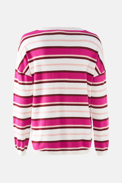 Pull à col rond multicolore de Fransa®, à rayures horizontales rose vif, marron et blanc.