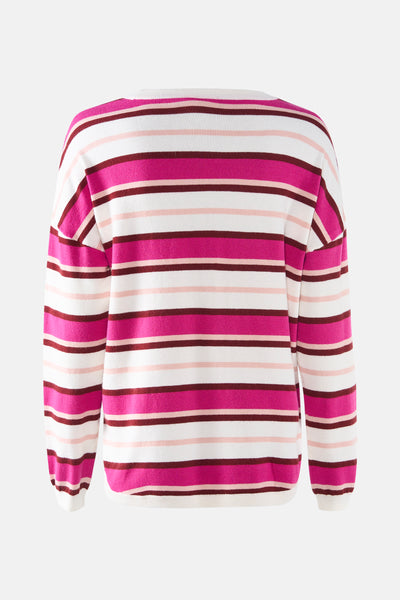 Pull à col rond multicolore de Fransa®, à rayures horizontales rose vif, marron et blanc.