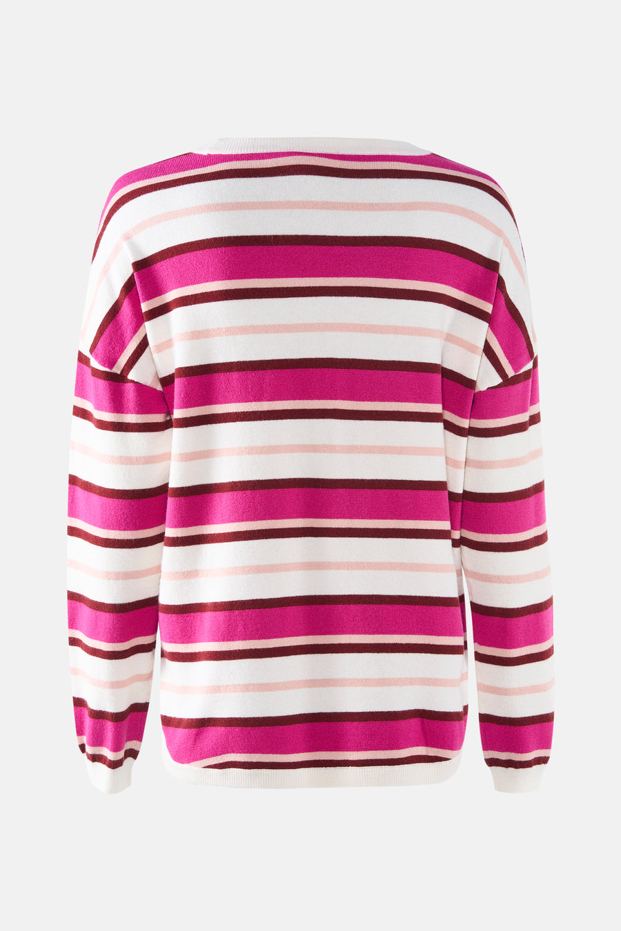 Pull à col rond multicolore de Fransa®, à rayures horizontales rose vif, marron et blanc.