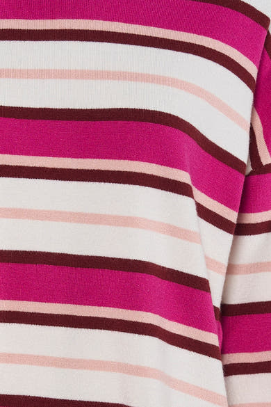 Pull à col rond multicolore de Fransa, avec motif à rayures horizontales roses, bordeaux et blanches.
