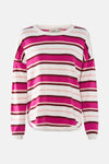 Pull à col rond multicolore de Fransa, à rayures roses, bordeaux et blanches.