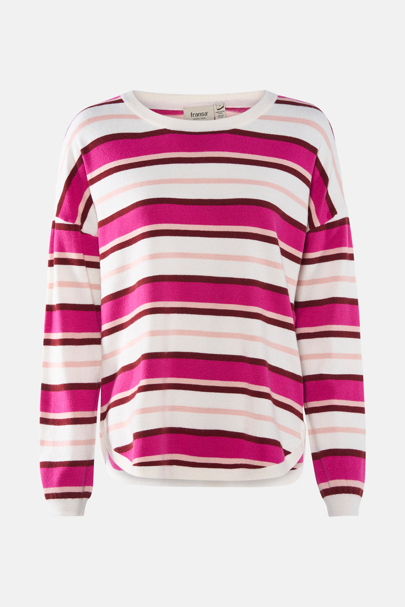 Pull à col rond multicolore de Fransa, à rayures roses, bordeaux et blanches.
