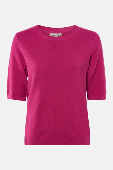 Pull rose à col rond de Fransa, en maille texturée fine, avec des manches courtes.