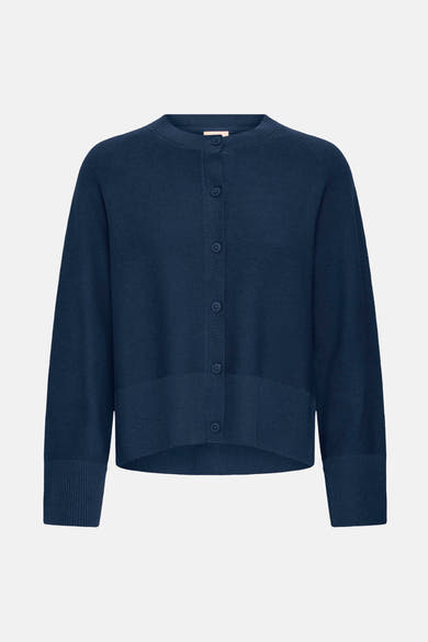Marineblauwe cardigan van Fransa, met lange mouwen en knoopsluiting op een effen achtergrond.