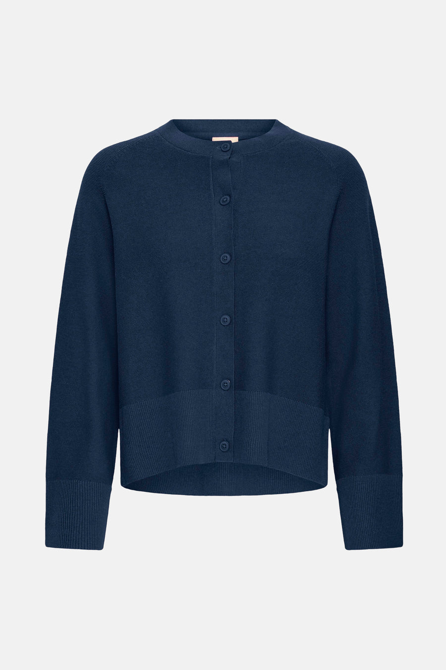 Marineblauwe cardigan van Fransa, met lange mouwen en knoopsluiting op een effen achtergrond.