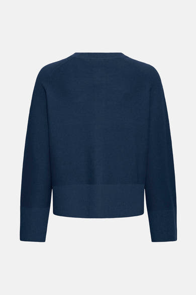 Blauwe cardigan van Fransa, korte pasvorm, in getextureerd breisel, achterzijde op lichte achtergrond.