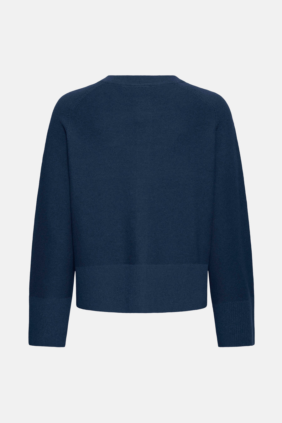 Blauwe cardigan van Fransa, korte pasvorm, in getextureerd breisel, achterzijde op lichte achtergrond.