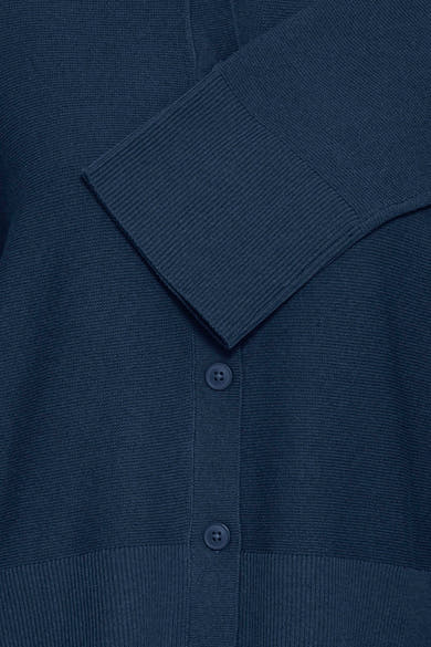 Blauwe cardigan van Fransa, met een fijne gebreide textuur en een centrale knoopsluiting.