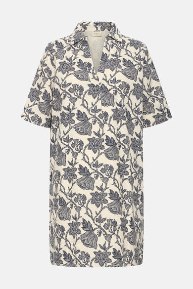 Robe crème à motifs floraux bleus de Fransa, avec col ouvert et manches courtes.