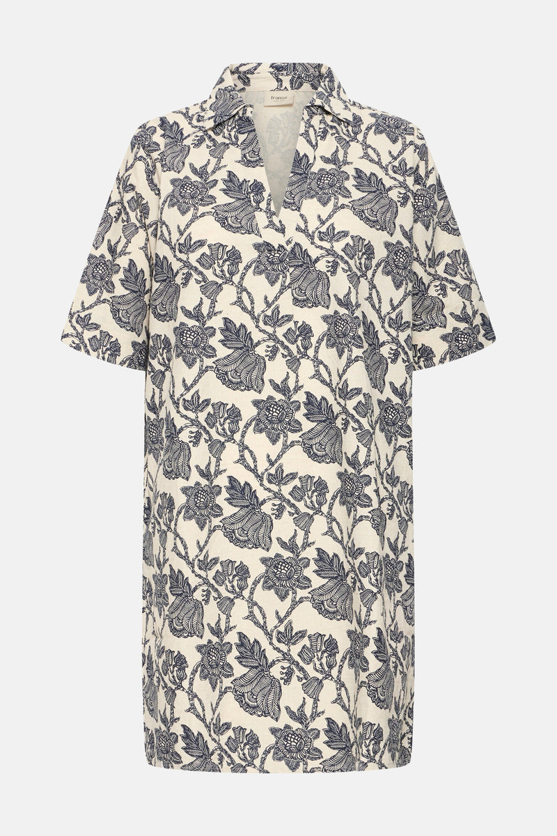 Robe crème à motifs floraux bleus de Fransa, avec col ouvert et manches courtes.