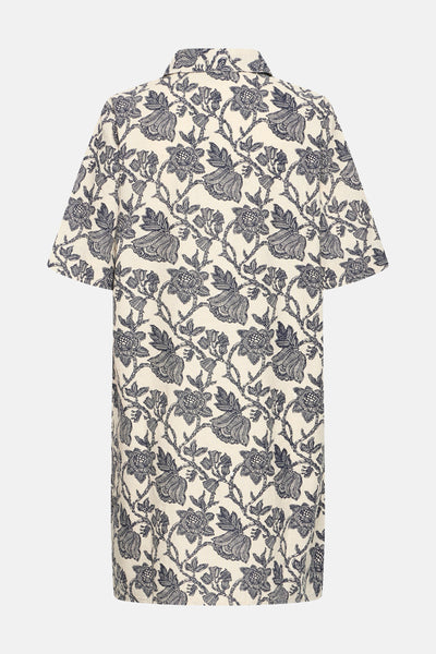 Robe crème à manches courtes et col, motif floral bleu marine de Fransa®, vue de dos.