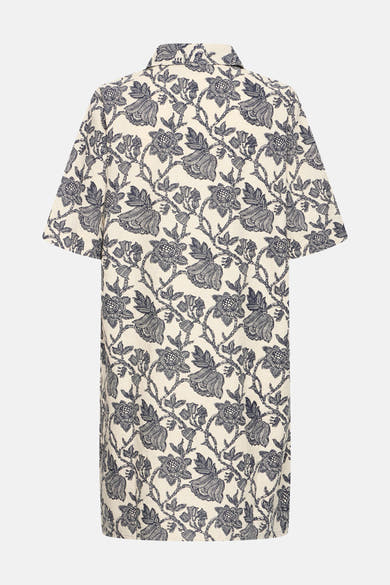 Robe crème à motifs floraux bleu foncé de Fransa, col et manches courtes, vue de dos.