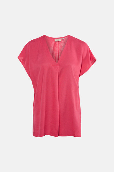 Roze blouse met korte mouwen van Fransa, met een V-hals en een delicate textuur.