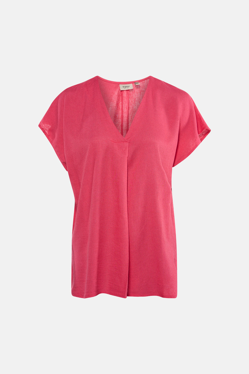 Roze blouse met korte mouwen van Fransa, met een V-hals en een delicate textuur.