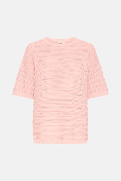 Pull rose à col rond de Fransa, avec une texture en maille ajourée.
