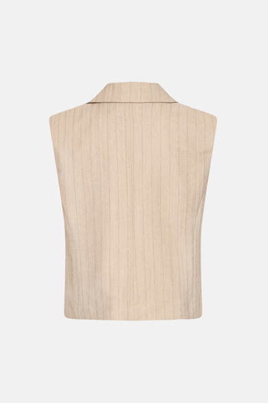 Beige blazer uit Frankrijk, met een all-over fijn verticaal streepmotief.