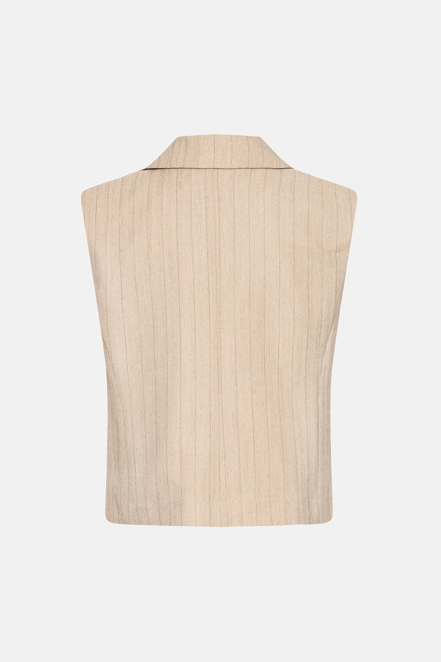 Beige blazer uit Frankrijk, met een all-over fijn verticaal streepmotief.