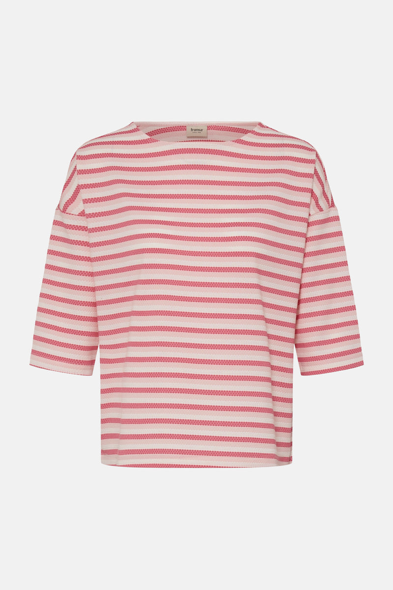 T-shirt à manches longues rayé rose et blanc de Fransa, motif texturé à petits points.
