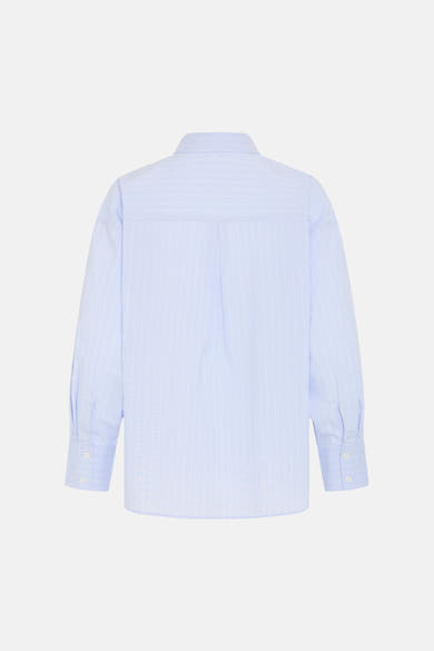 Chemisier bleu à rayures verticales fines blanches de Fransa®, vue de dos avec manches longues boutonnées et empiècement.