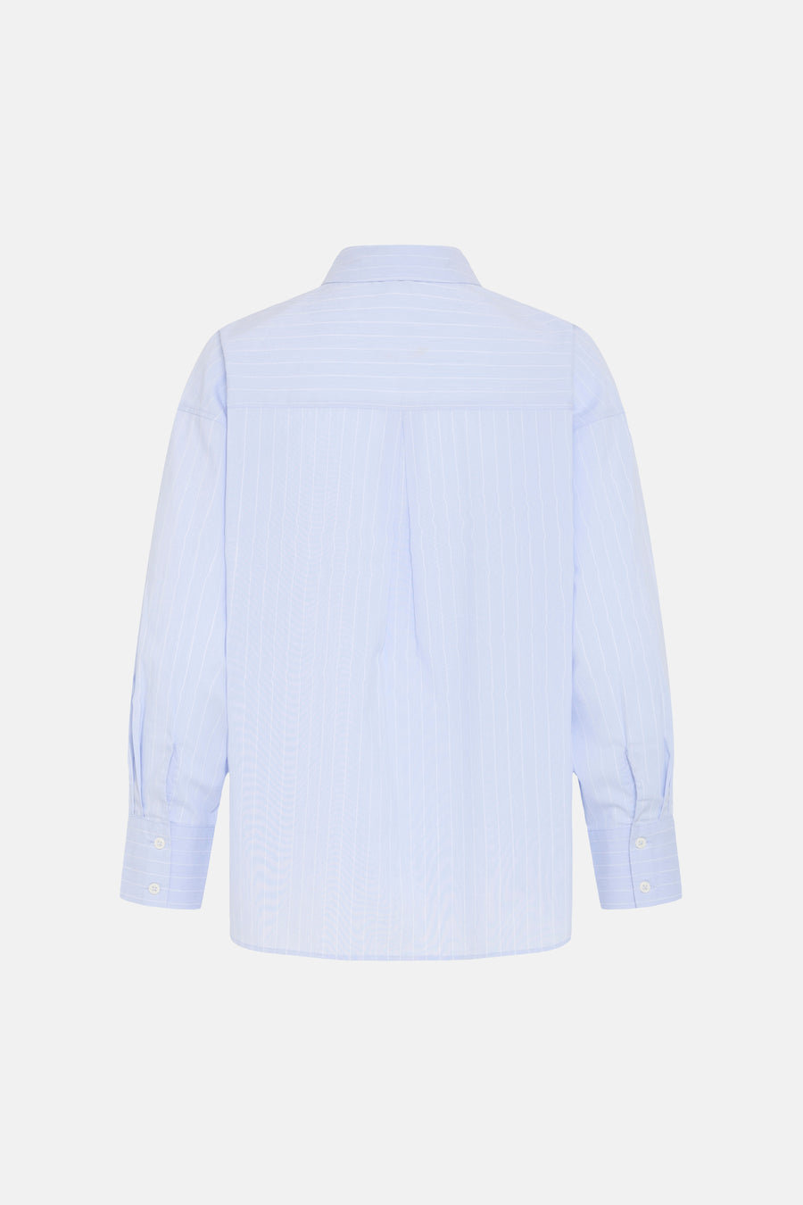 Chemisier bleu à rayures verticales fines blanches de Fransa®, vue de dos avec manches longues boutonnées et empiècement.