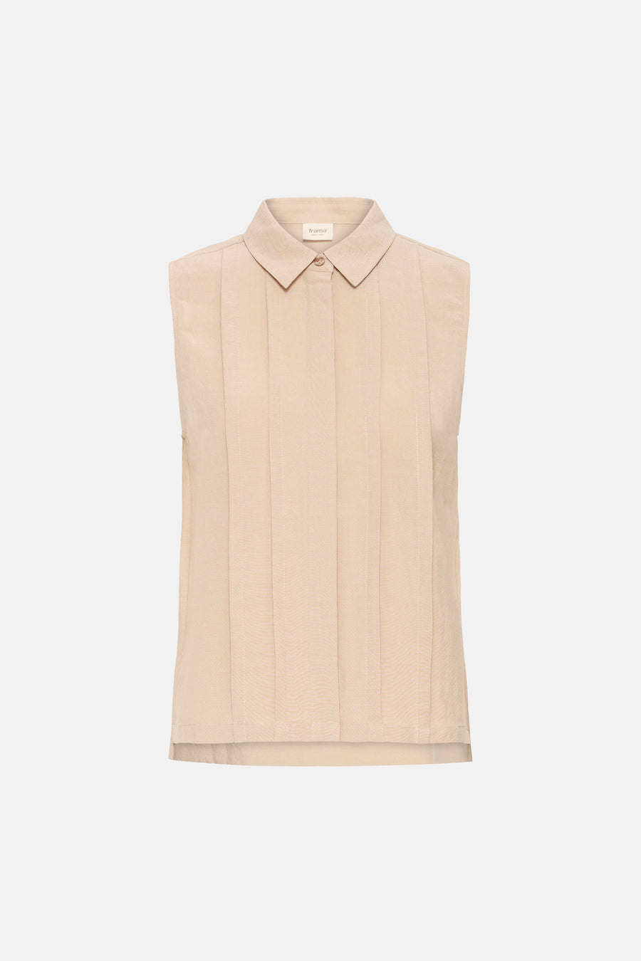 Chemisier sans manches beige de Fransa, avec des plis verticaux et un col classique.