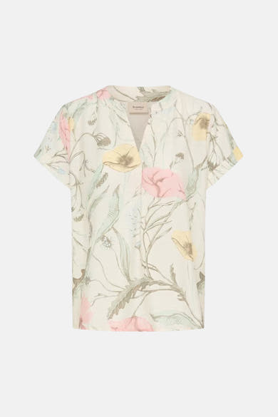 Multikleuren blouse met korte mouwen van Fransa® met bloemenprint, V-hals en licht gekreukte textuur.