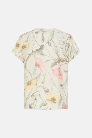 Multikleurige blouse met korte mouwen van Fransa® met pastelroze, gele en groene bloemenprint op een lichte achtergrond, achterzijde.