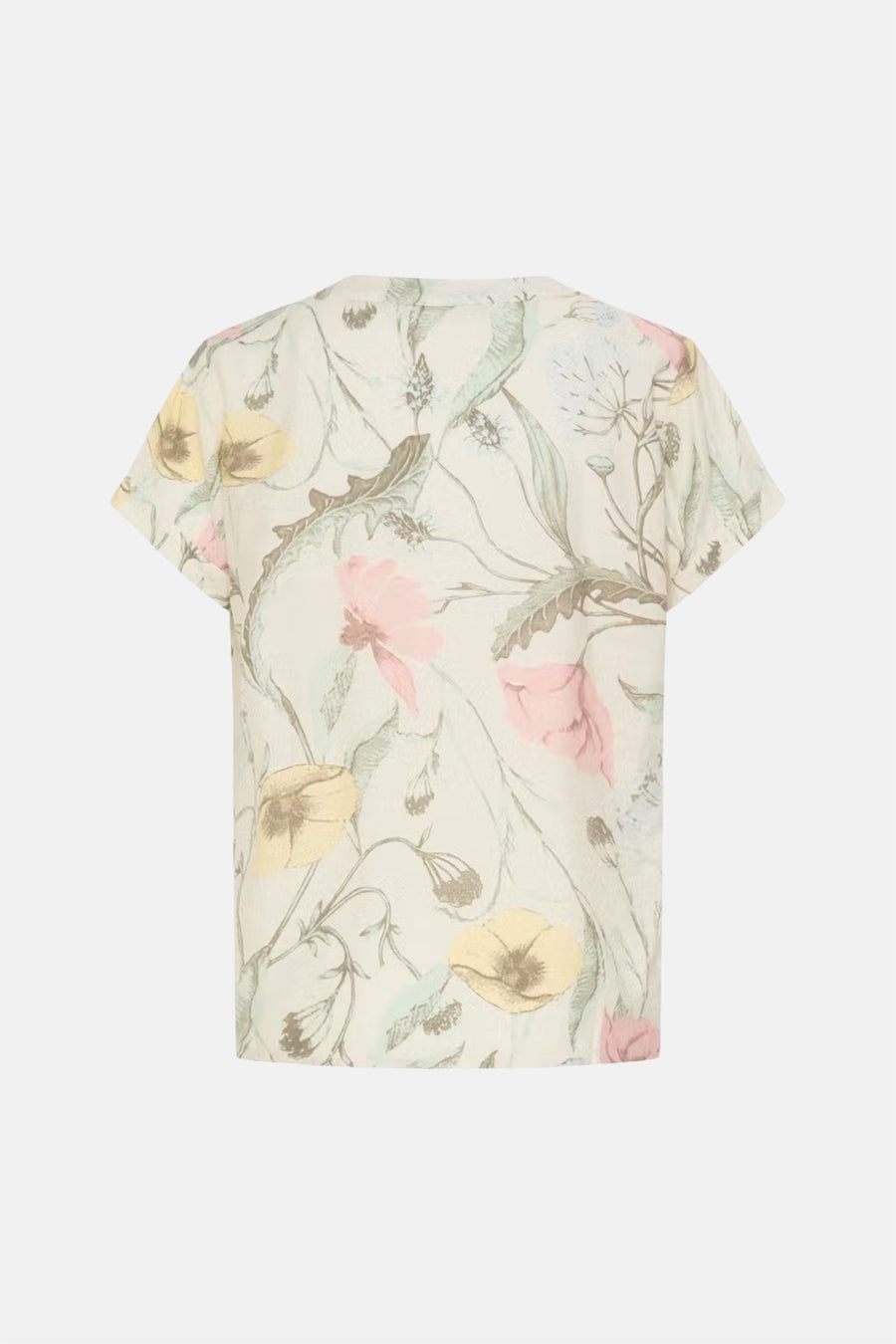 Multikleurige blouse met korte mouwen van Fransa® met pastelroze, gele en groene bloemenprint op een lichte achtergrond, achterzijde.