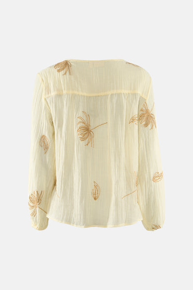 Gele lange mouwen blouse van Fransa® met textuur en geborduurde palmboompatronen, achterzijde.