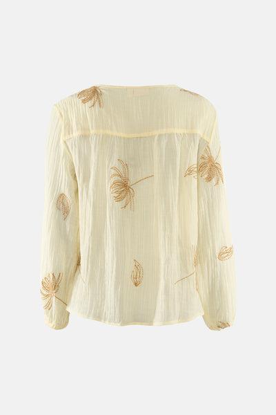 Gele lange mouwen blouse van Fransa® met textuur en geborduurde palmboompatronen, achterzijde.
