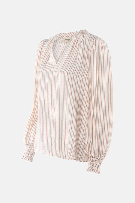 Blouse à manches longues rayée multicolore de Fransa, avec des manches bouffantes et un col en V.