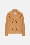 Veste courte en laine cognac à double boutonnage par Fransa®, col ample, poches plaquées, vue de face